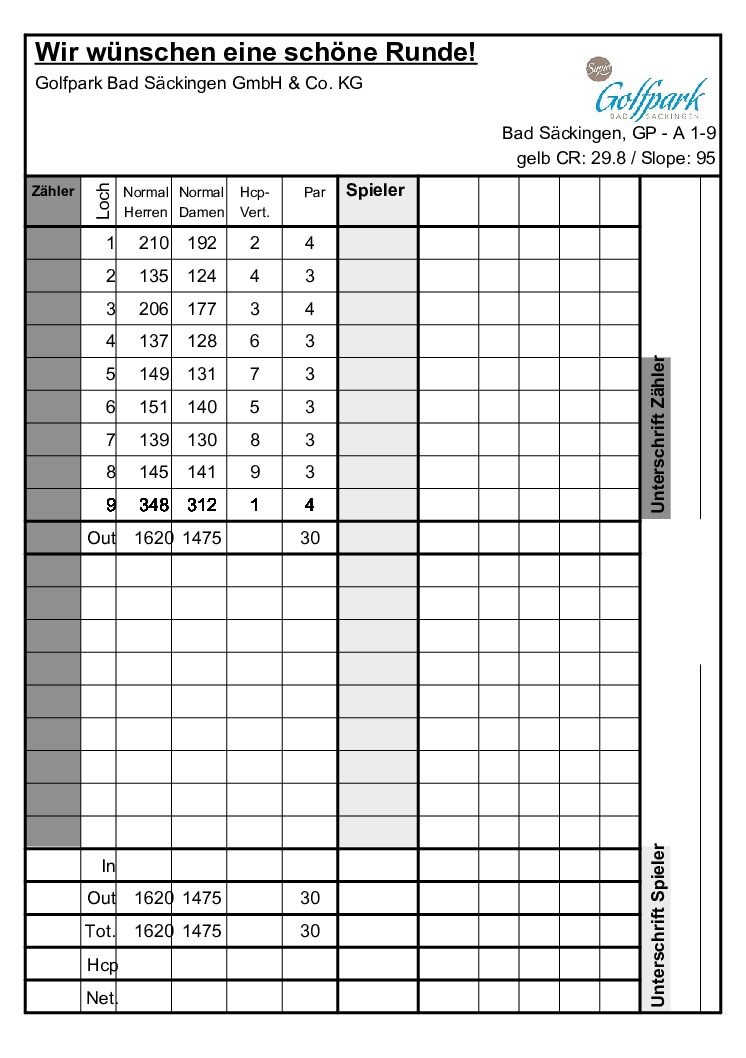 Scorekarte 9 Loch NEU